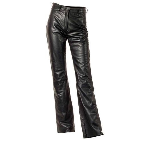 Pants - black straight leg zip up mid rise basic casual classic sleek leather pants